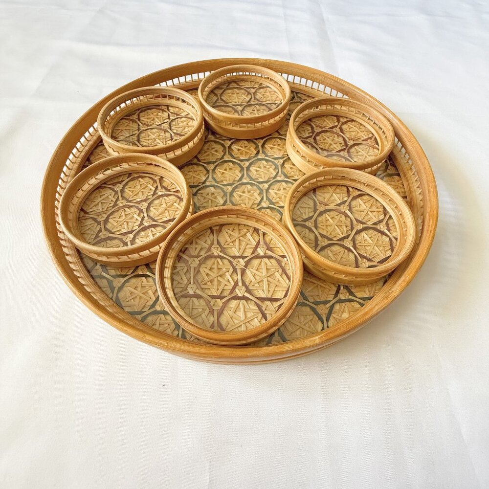 Woven Vintage Bamboo Tray & Coaster Set
